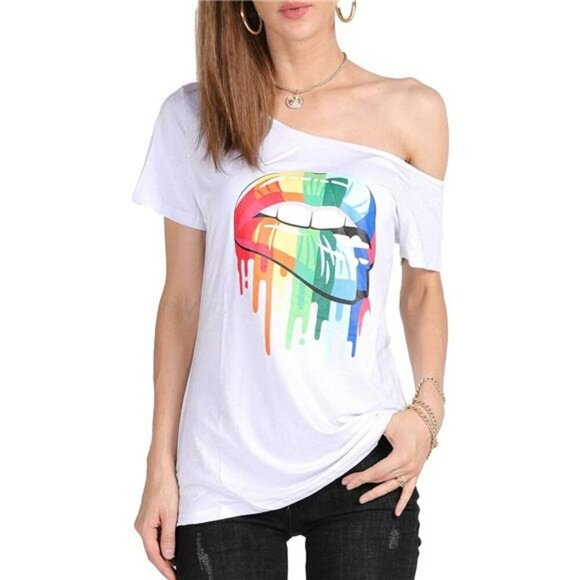 Womens Plus Size Lips Print Off Shoulder T Shirt Casual Summer Top Short Sleeve - Picture 4 of 8